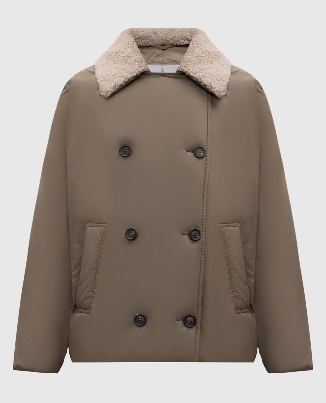 Brunello Cucinelli Double-breasted khaki down jacket with monil chain