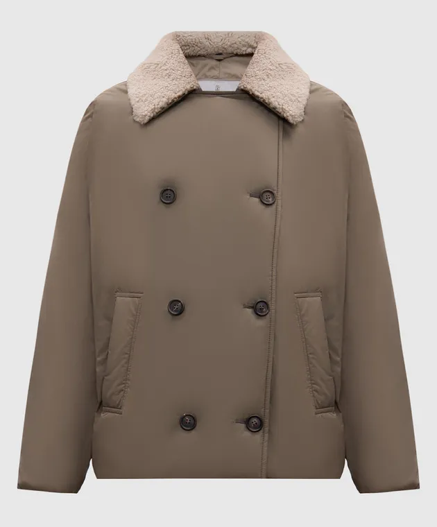 Brunello Cucinelli Double-breasted khaki down jacket with monil chain