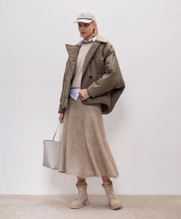 Brunello Cucinelli Double-breasted khaki down jacket with monil chain