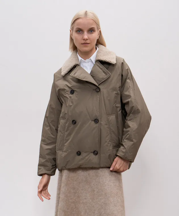 Brunello Cucinelli Double-breasted khaki down jacket with monil chain