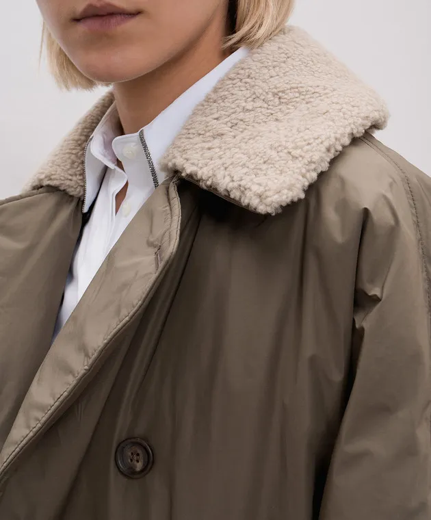 Brunello Cucinelli Double-breasted khaki down jacket with monil chain