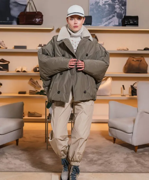 Brunello Cucinelli Double-breasted khaki down jacket with monil chain